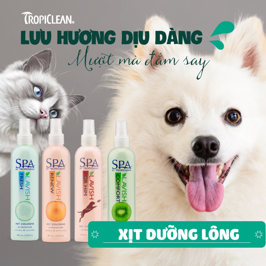 Xịt dưỡng lông - nước hoa cho chó mèo Tropiclean nước hoa tự nhiên spa cao cấp chai 236ml