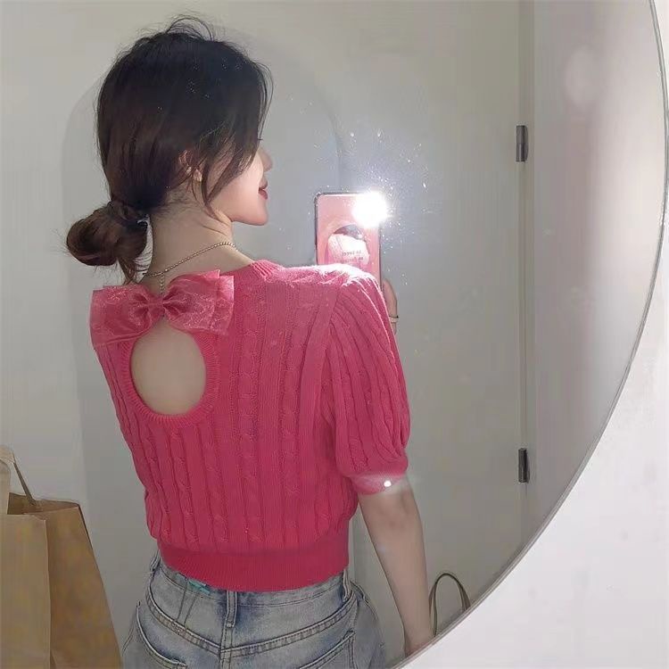 Áo Sweater Ngắn Tay Khoét Lỗ Đính Nơ Màu Trơn Ngọt Ngào Thời Trang Mùa Hè Cho Nữ