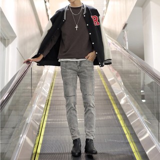 Quần jean nam co giãn màu xám rách gối 2 bên Pon.mens hà nội hcm dáng slimfit skinny phom ôm