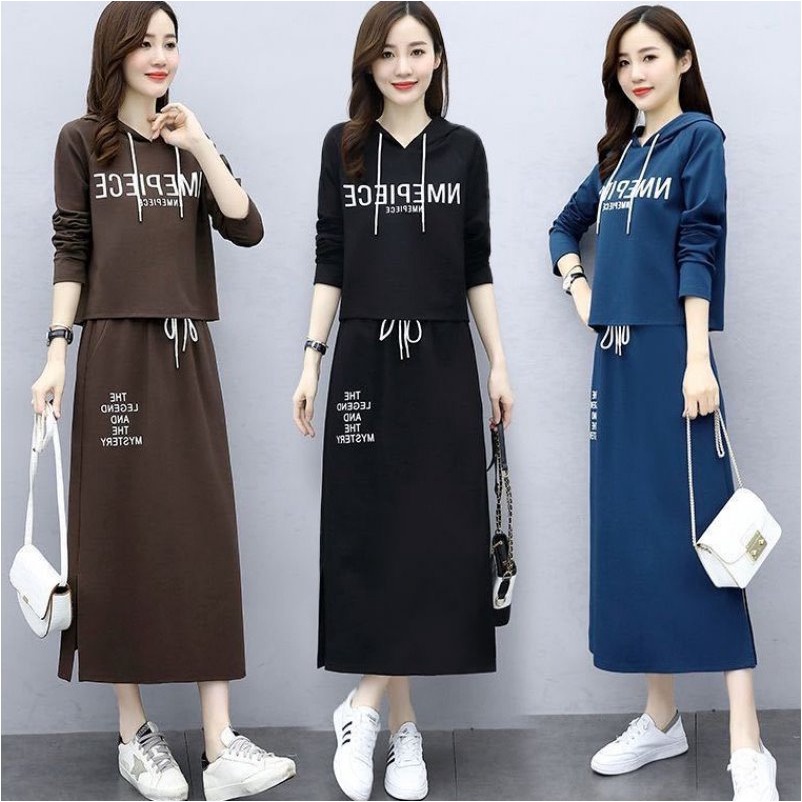 Set Áo Nỉ Dài Tay Có Mũ + Chân Váy Lửng Phong Cách Thể Thao Dành Cho Nữ Size M-4xl