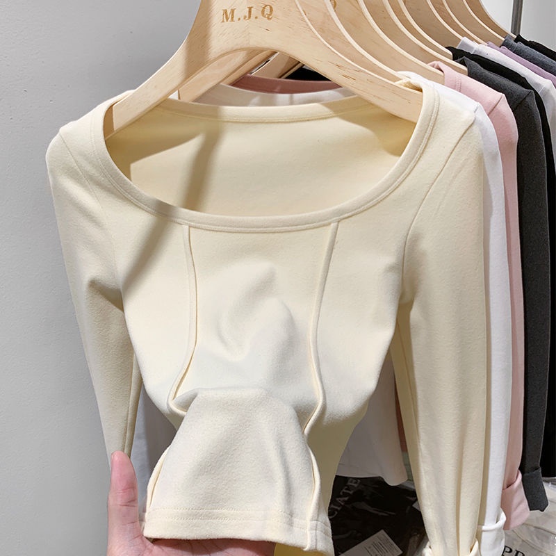 Women's fleece warm slim U-collar long-sleeved base shirt T-shirt