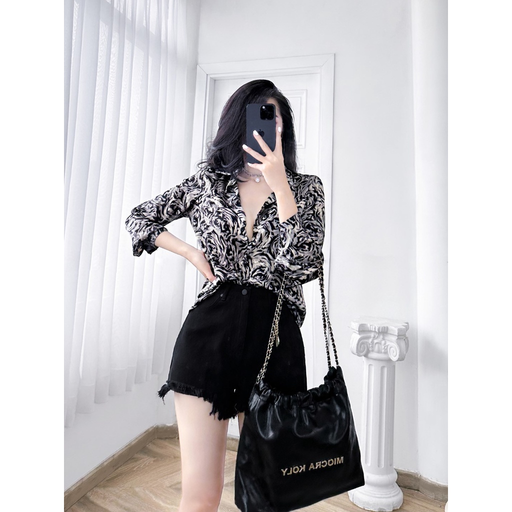 Áo sơ mi lụa hoa hồng đen MASARA