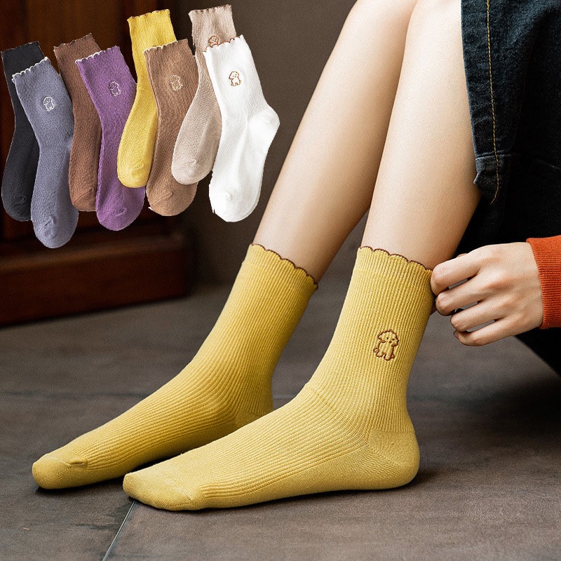 Tất nhún cổ cao nữ phong cách Hàn Quốc vớ Lolita đẹp in hình chú cún dễ thương chất cotton co giãn thấm hút HANASO TD032