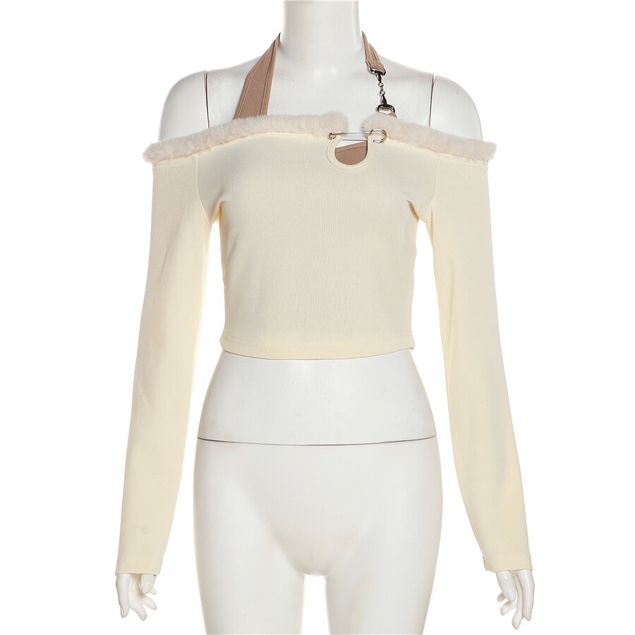 Áo Croptop Trễ Vai Dài Tay Phối Lông Thời Trang Hàn Quốc Dành Cho Nữ