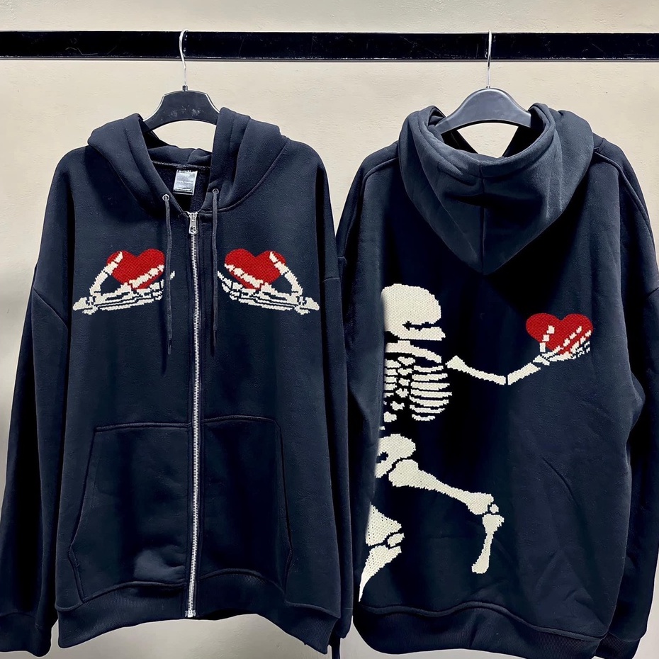 Áo Khoác Xương Cầm Trái Tim ❤ Áo Nỉ Cotton Dày Dặn Dáng Rộng Nam Nữ