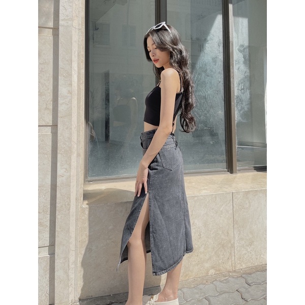 Chân váy jean dài xẻ cá tính đen xám LUCETFASHION Domi Jean Skirt
