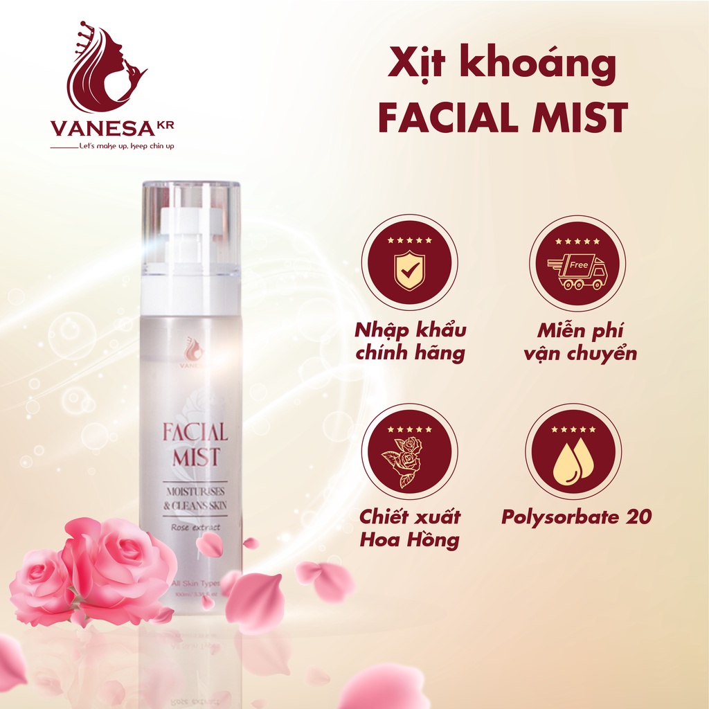 Xịt khoáng makeup dưỡng ẩm làm dịu da VANESA Facial Mist, toner hoa hồng cấp ẩm dưỡng trắng cho mọi làn da 100ml