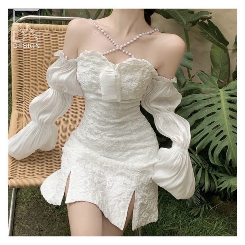 Đầm gấm xốp trắng trễ vai tay dài dây chéo ngọc siêu xinh
