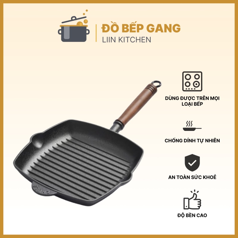 Chảo nướng chống dính beefsteak size 22cm, chảo gang đúc nguyên khối dùng bếp từ, chảo gang nướng thịt LIINKITCHEN