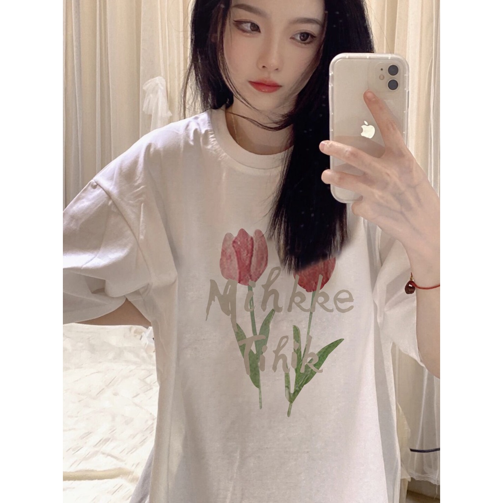 Áo Thun Tay Ngắn Dáng Rộng In Hình Hoa tulip Phong Cách Hàn Quốc