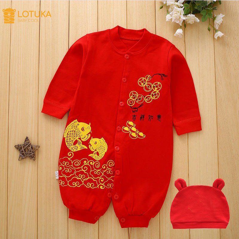 Body Tết Tài Lộc LOTUKA Kèm Mũ Chất Cotton Mềm Mịn, Bộ Liền Thân Dài Tay Cho bé 0-12m