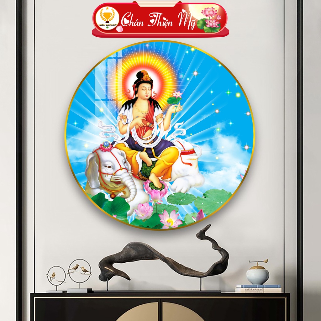 Tranh Tráng Gương Pha Lê Tròn CHÂN THIỆN MỸ, Tranh Phật Treo Tường Phổ Hiền Bồ Tát TG-T1-1092