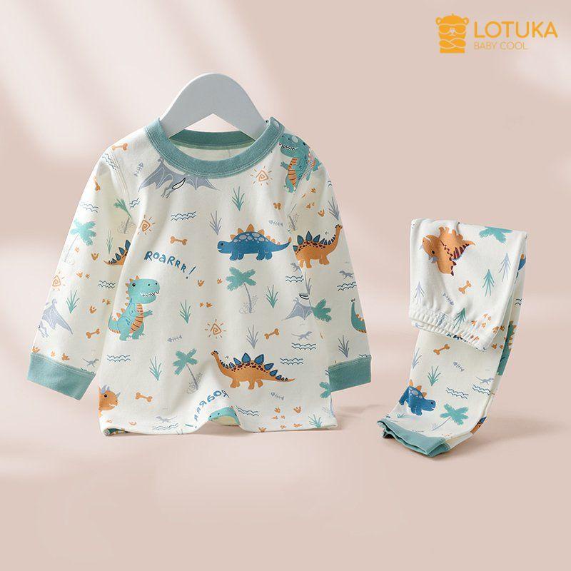 Bộ Dài Tay Cài Cúc Lotuka Chất Cotton 100% Mềm Mịn, Quần Áo Thu Đông Cho Bé Trai, Bé Gái 4-18kg