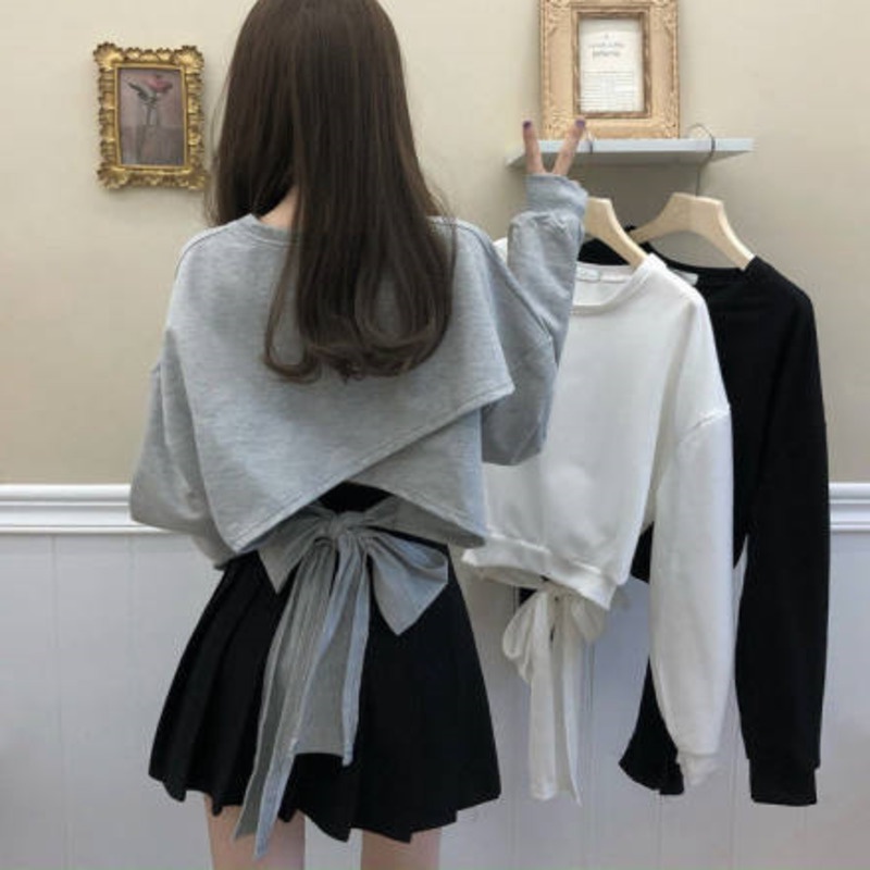 Áo Thun Lửng Tay Dài Đính Nơ Màu Sắc Đơn Giản Phong Cách Hàn Quốc