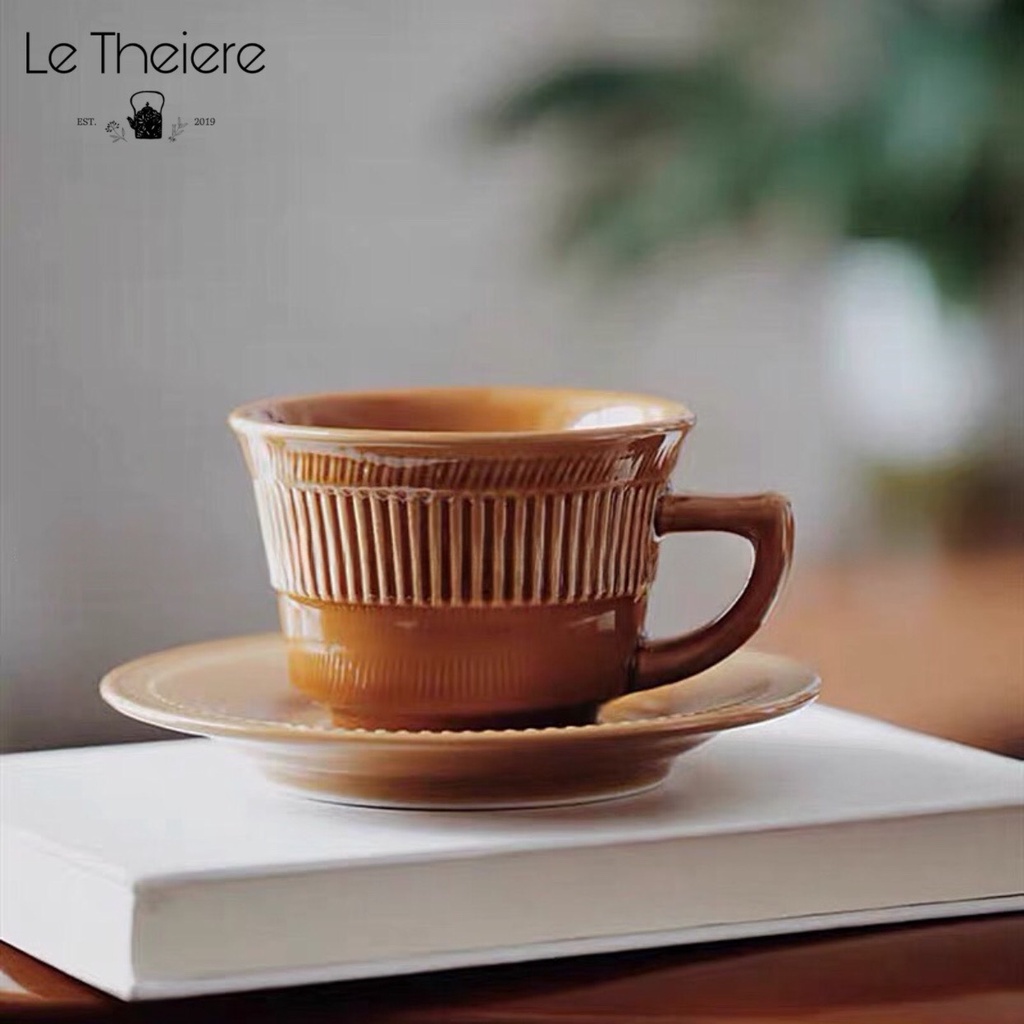 Cốc Uống Cafe Trà Vân Sọc Bắc Âu Vintage - Cốc Sứ Kèm Đĩa 200ML Màu Trắng Nâu
