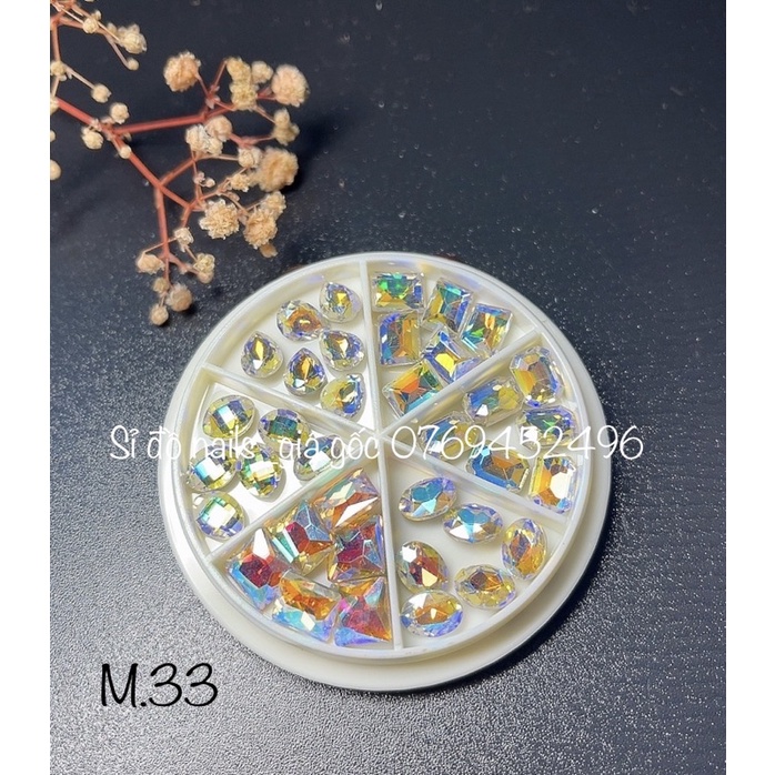 Khay đá khối chân vàng mix màu mix size trang trí móng, phụ kiện nail