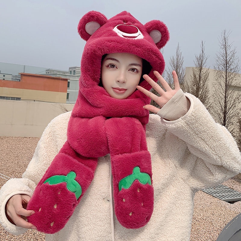 Dâu tây gấu mùa đông mũ khăn quàng cổ găng tay