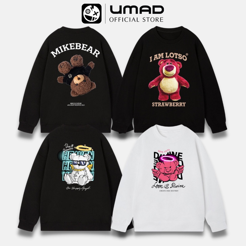 Áo Sweater UMAD nỉ tay dài unisex form rộng, hoodie không nón nam nữ thu đông mẫu MIKEBEAR gấu dâu LOTSO