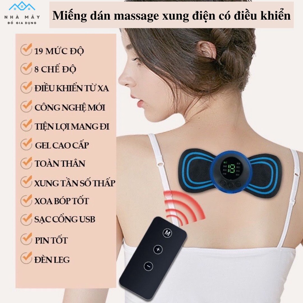 Miếng dán massage máy massage xung điện cổ vai gáy, bắp tay, lưng có điều khiển từ xa 10 chế độ, pin sạc.