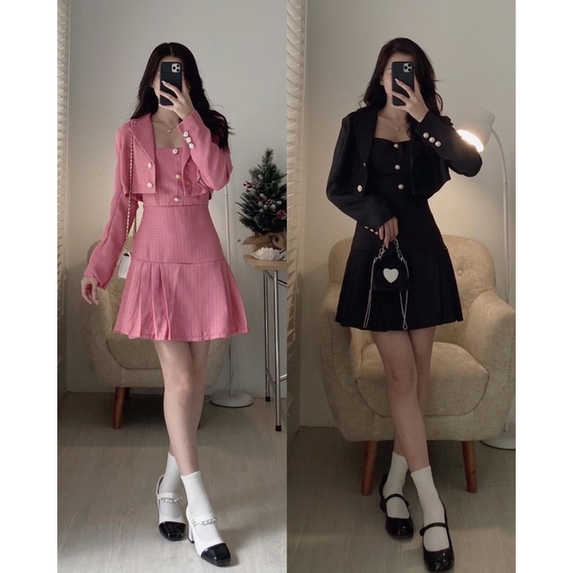 SET VÁY HAI DÂY XOÈ XẾP LY KÈM ÁO KHOÁC DẠ KHUY NGỌC SVHDXX