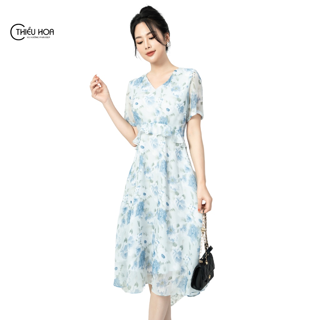 Đầm trung niên cao cấp, thiết kế trang nha, lịch sự, chất liệu voan tơ kết hợp hồng xanh bắt mắt Thiều Hoa L1013