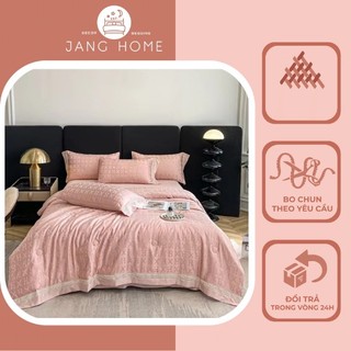 Sét 5 món chăn ga phi lụa chữ vân chìm viền thêu cao cấp, Bộ chăn ga gối chất phi lụa mềm mịn sang trọng
