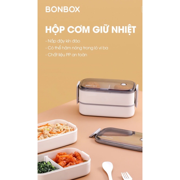 Hộp cơm văn phòng 2 tầng nhiều ngăn tiện lợi SAMONO BTW40 có thể bỏ vào lò vi sóng, tặng kèm muỗng nĩa cao cấp