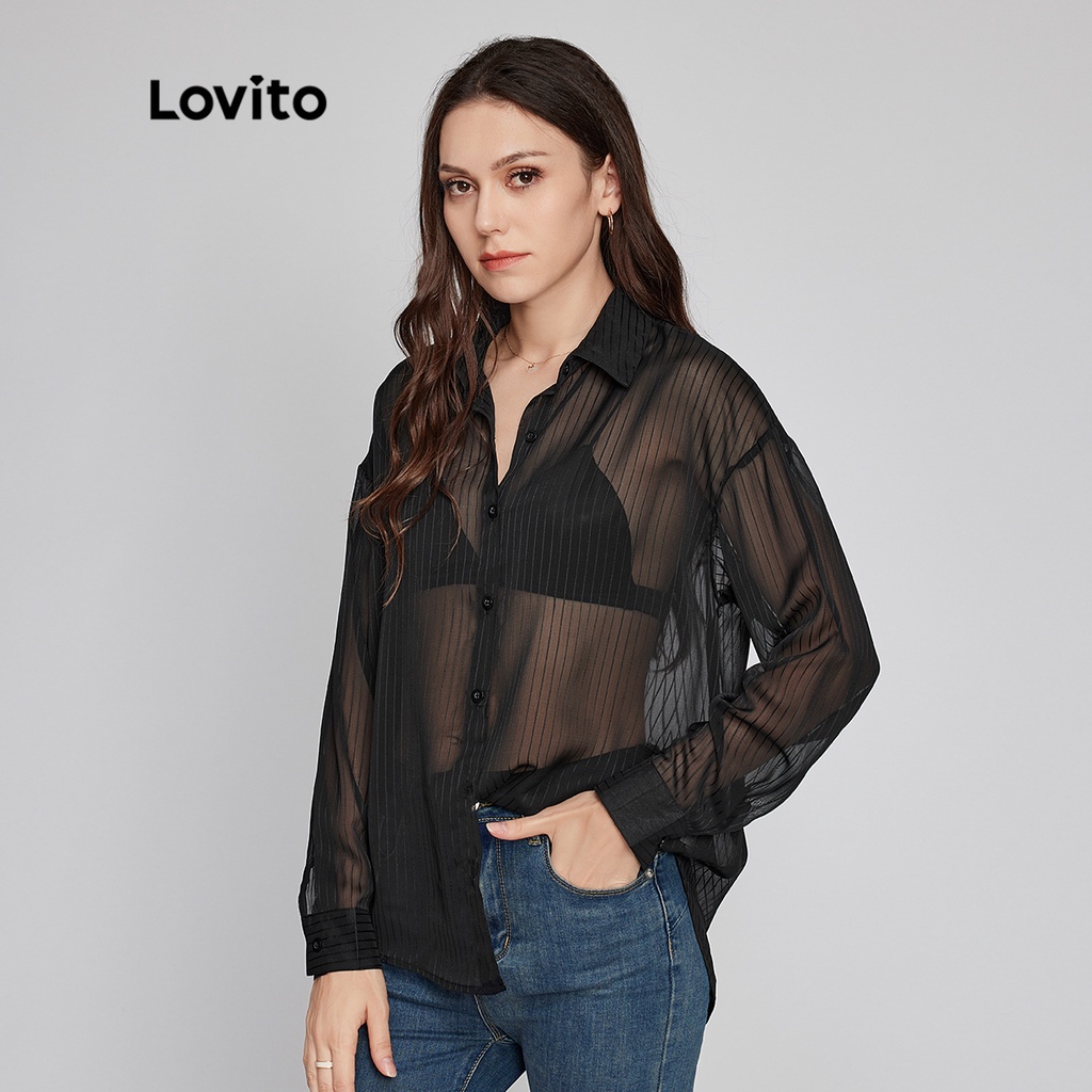 Áo Lovito phong cách thường ngày màu trơn cổ áo cài nút trước vải xuyên thấu trọng lượng nhẹ và thoáng khí L26LD023 (màu đen)