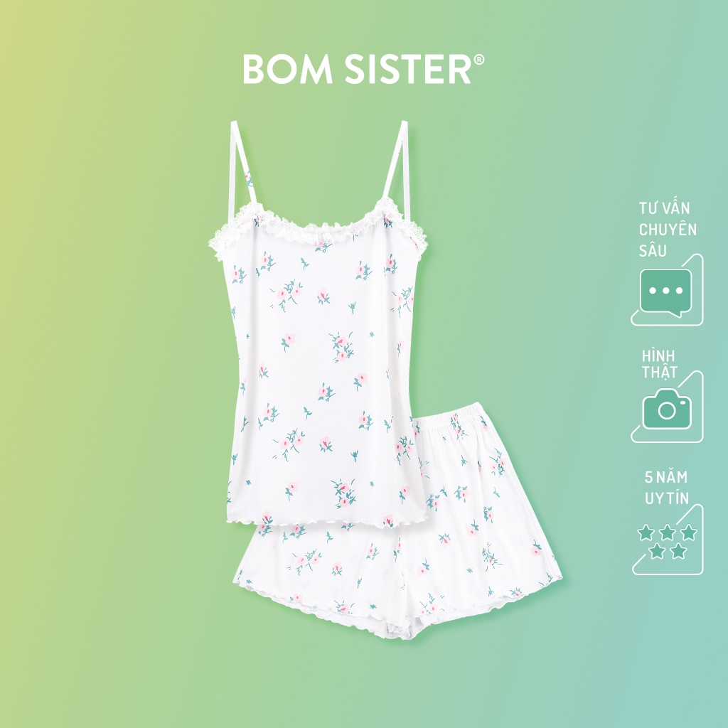 Set đồ ngủ thun phối ren áo 2 dây quần đùi viền bèo họa tiết hoa hồng dễ thương BOM SISTER DN7733