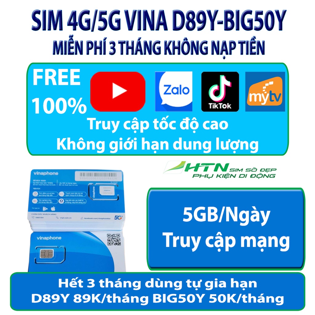 Sim 4G vinaphone BIG50Y / D89Y free 3 tháng 1 tỷ Gb youtube tiktok zalo mytv không giới hạn lưu lượng tốc độ cao 5G