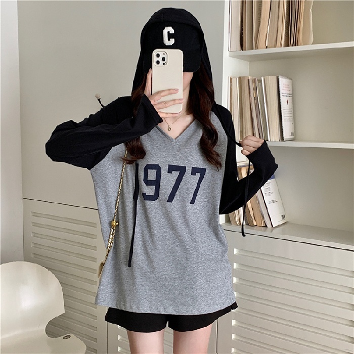 Áo hoodie SUXI tay dài cổ chữ V có mũ trùm đầu thời trang dành cho nữ