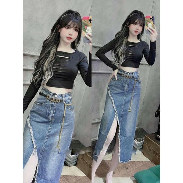 Chân Váy jeans Xẻ Dáng Dài Kèm Đai