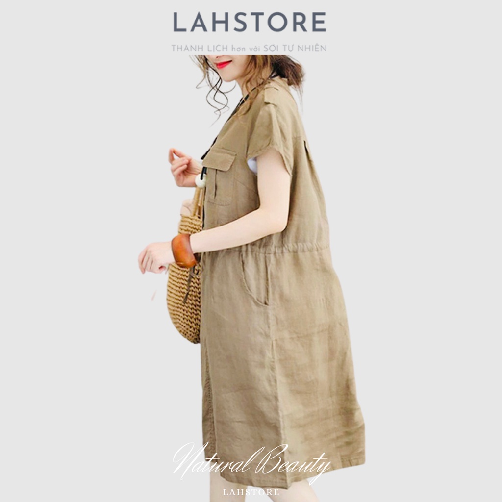 Đầm suông nữ LAHSTORE vải linen thiết kế cổ V túi hộp dây thắt eo (Xanh Than)