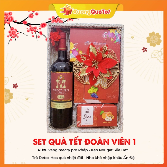 Hộp Quà Tết, Set Quà Tết Đoàn Viên 2023, 4 bánh mứt nhập khẩu, khay gỗ chắc chắn, giỏ quà Tết 3 tone màu phong thuỷ