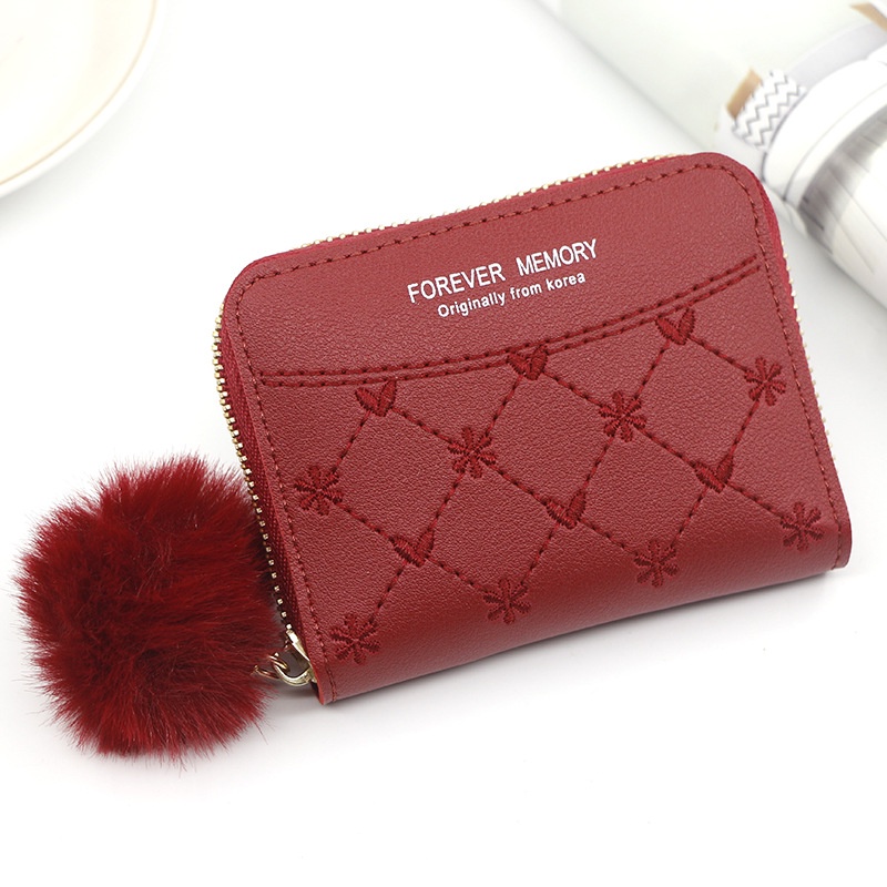 Ielgy Ví Nữ Màu Trơn Có Khóa Kéo Với Bóng Lông