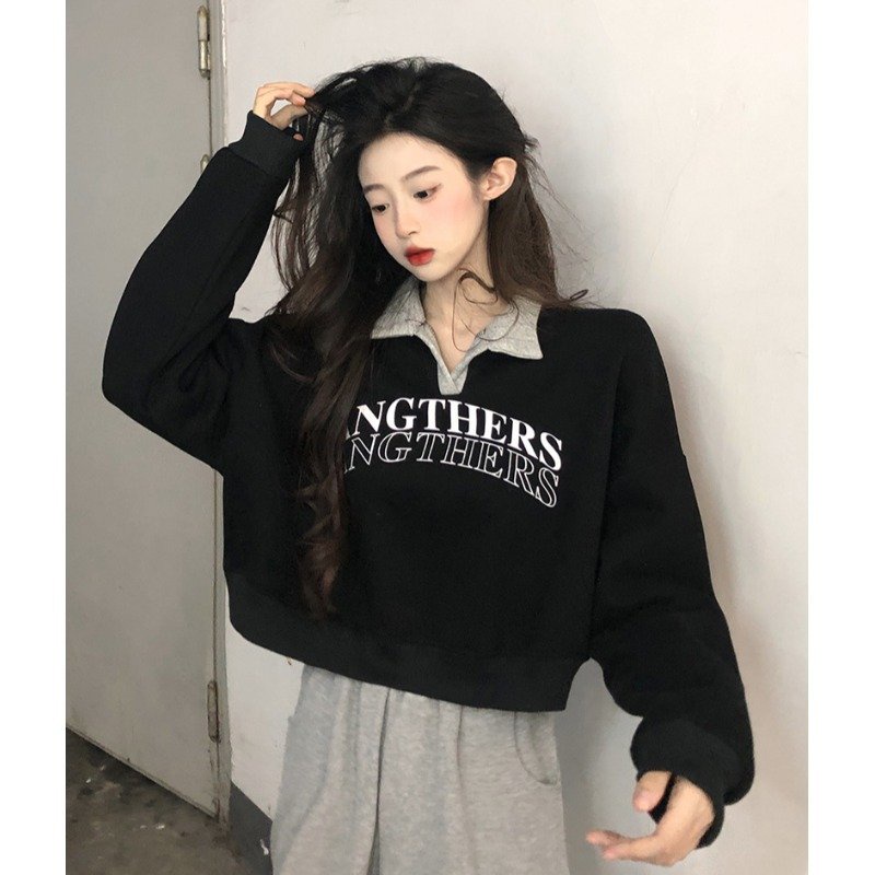 Áo croptop polo nỉ dài tay Angthers oversize Unisex - Áo nỉ cổ bẻ form rộng kiểu dáng cá tính trẻ trung
