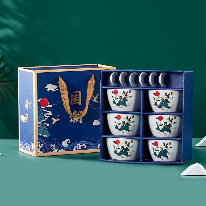 Set 6 bát chén sứ kèm thìa họa tiết Cung đình sang trọng làm từ gốm men sứ cao cấp làm quà tặng, trang trí bếp-Go Home