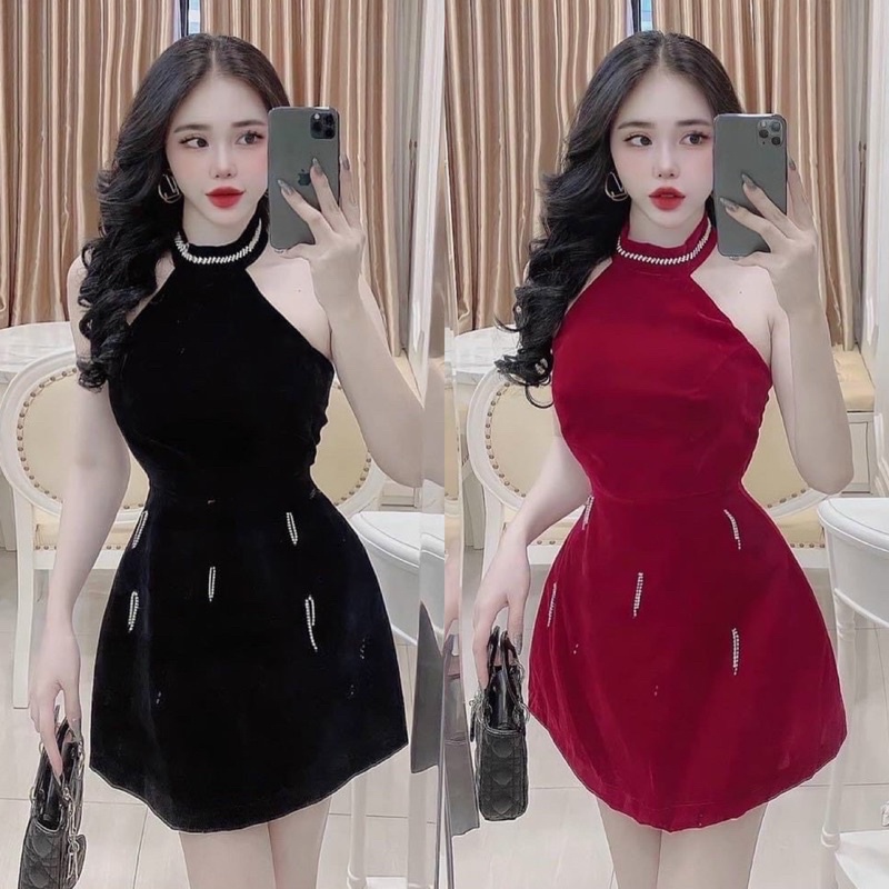Đầm nhung đen đỏ cổ yếm đính đá khoét nách, váy ngắn hotgirl thiết kế sang trọng quý phái quyến rũ dự tiệc tết