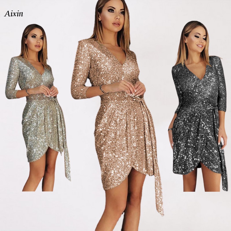 Glitz and Đầm Dự Tiệc cocktail Cổ Chữ V Thắt Dây Lấp Lánh Màu Vàng Kim Kim Loại Gợi Cảm Cho Nữ