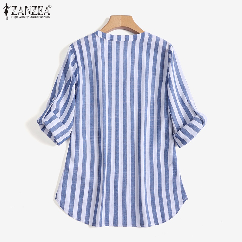 ZANZEA Áo Sơ Mi Nữ Tay Lửng 3 / 4 Cổ Chữ V Họa Tiết Sọc Thời Trang