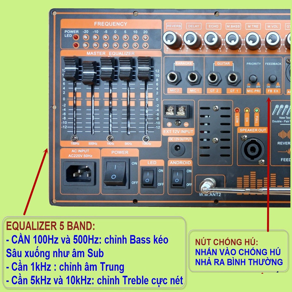 Mạch loa kéo 4 tấc đơn 500W Reverb chống hú DSP Livestream Equalizer 5 Band chạy FET IRFB32N15D kèm led nháy