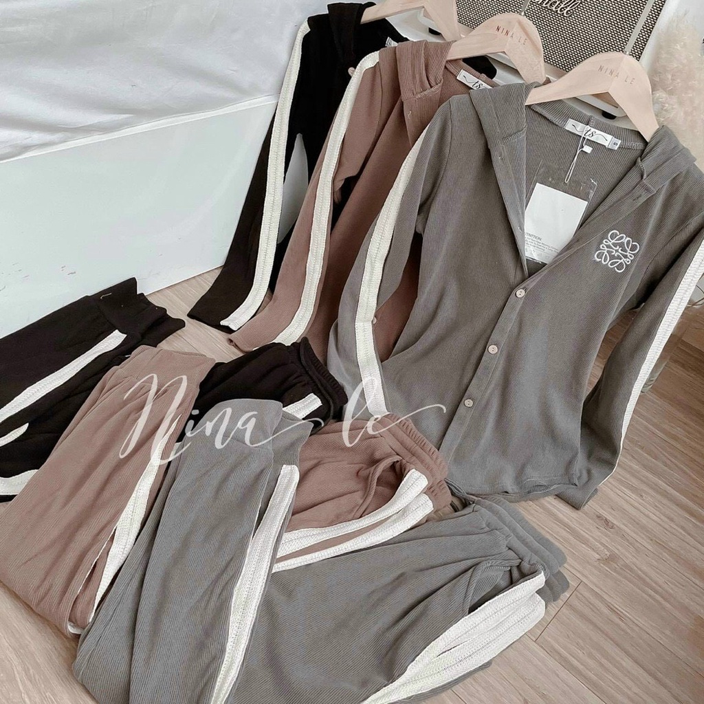 [12.12 Sales Freeship] Set bộ thể thao nữ, set áo tay dài gài nút có nón kèm quần ống túm phối viền trắng đi chơi cátính