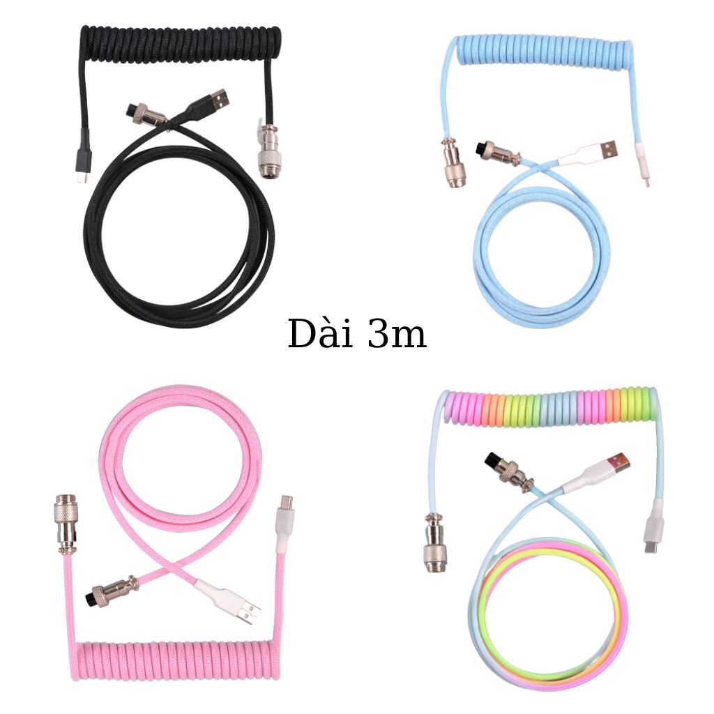 Dây cáp bàn phím cơ Type-C dài 3m, lò xo xoắn dây dù cao cấp, trục nối kim loại