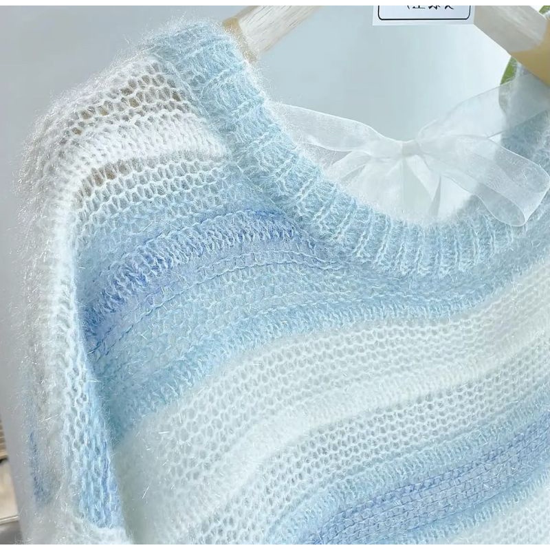 Áo Len Mỏng Dệt Kim Siêu Mỏng Tay Dài Kẻ Ngang Mềm Mại Phong Cách Hàn Quốc ❤️