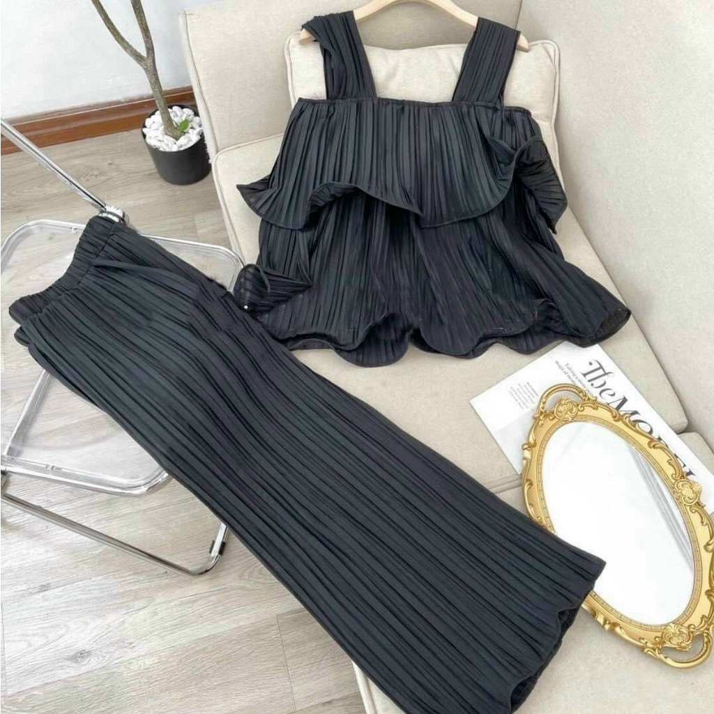 Bộ Jumpsuit nữ áo thiết kế hai dây phối bèo quần ông rộng cực xinh