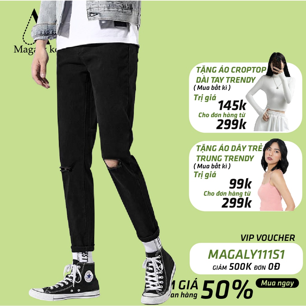 Quần Jean Nam Rách Gối Màu Đen phong cách Slim Fit Kiểu quần bò nam form ôm dáng Magaly Korea