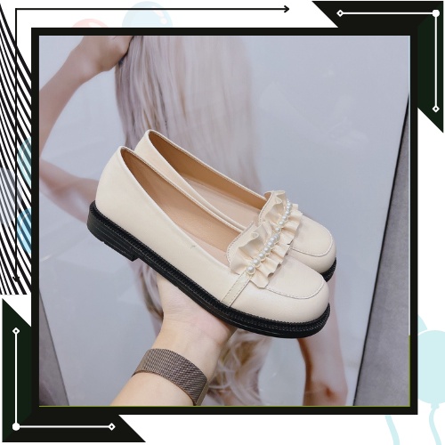 Giày nữ, giày lười bèo nhún ngọc siêu xinh 2 màu đen, kem