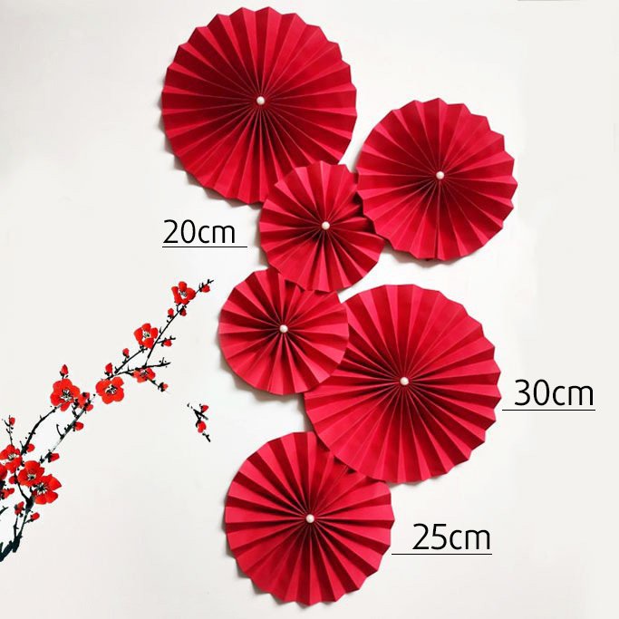Set 6 quạt giấy đỏ trang trí Tết- Quạt giấy gấp gọn xinh xắn party