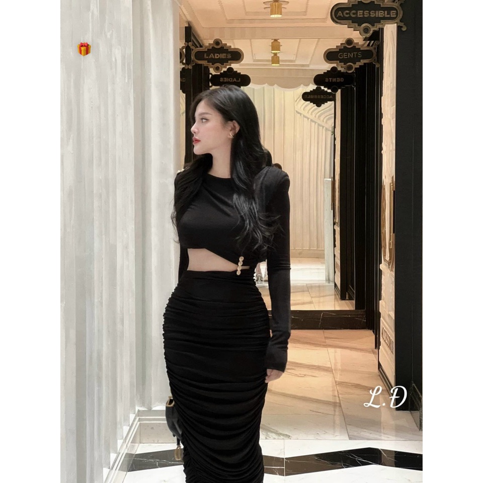 Đầm body nữ thun gân dáng dài midi kiểu khoét eo bún nhùn tay dài phối đính nút ảnh thật cực hot