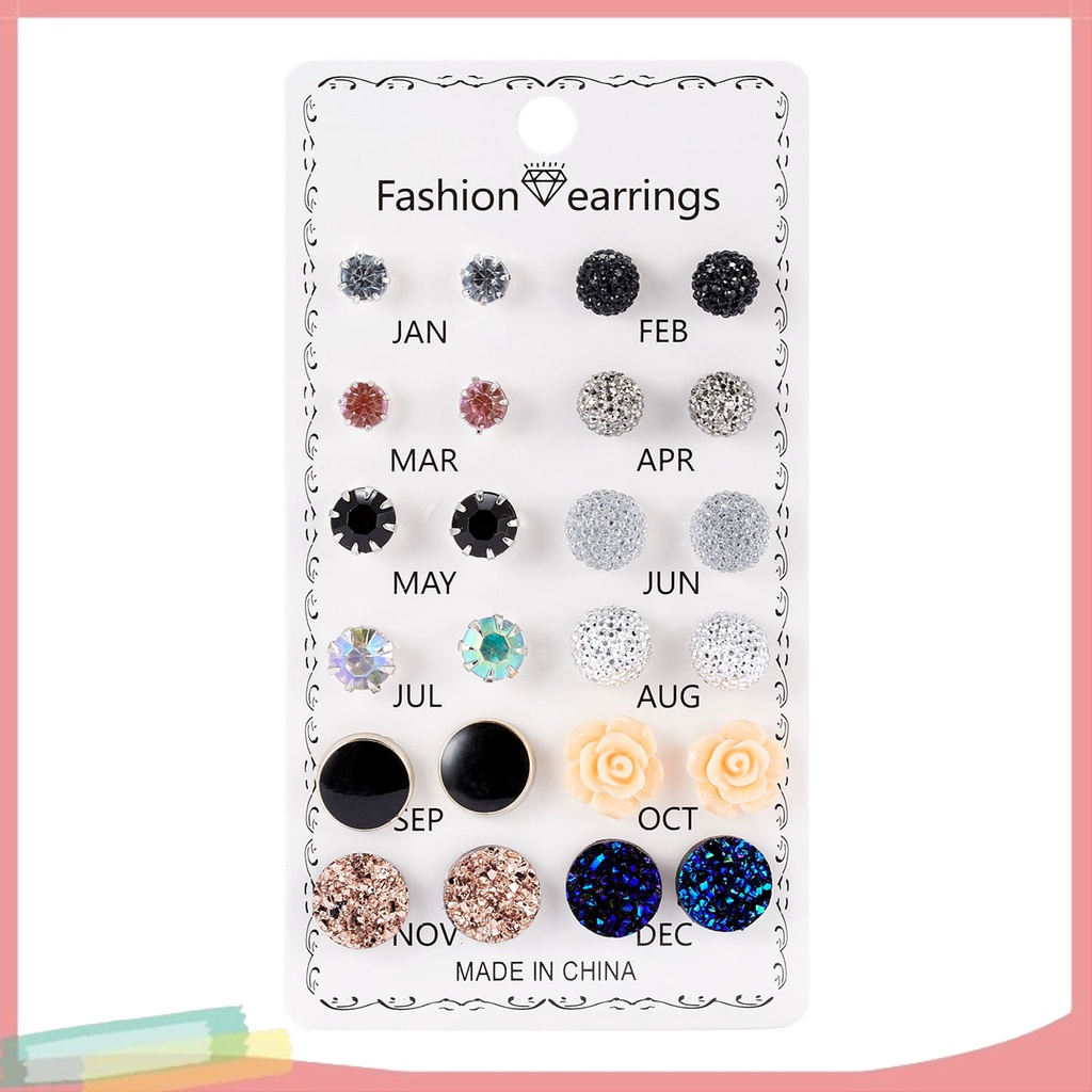 Set 12 Đôi Khuyên Tai Tròn Đính Đá Phong Cách Sang Trọng Thời Trang Cho Nữ